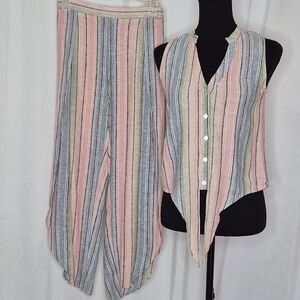 Anthropologie DREW Pastel Rainbow Tie-Front Top and Split Hem Pants - Size XS